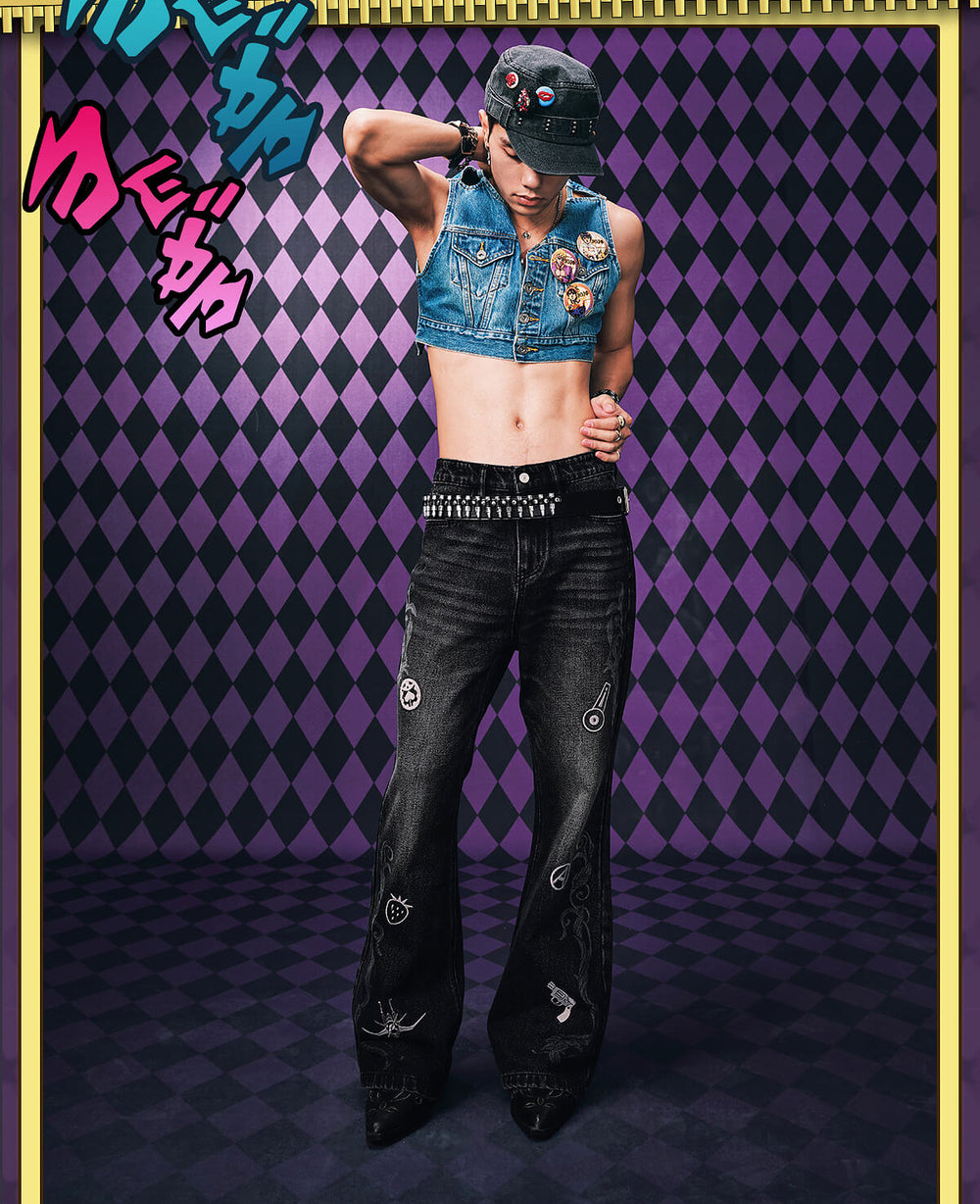 MEDM × JOJO Icon Embroidery Washed Distressed Jeans