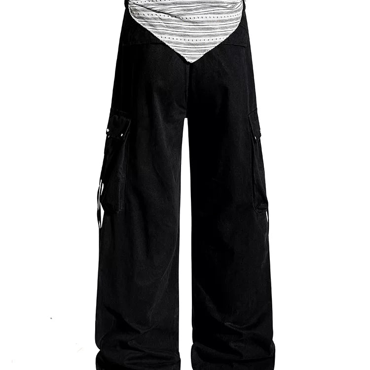 American functional style pleated rivet multi pocket wide leg work pants, loose straight leg hanging chain decoration, cool casual pants
