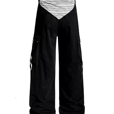 American functional style pleated rivet multi pocket wide leg work pants, loose straight leg hanging chain decoration, cool casual pants
