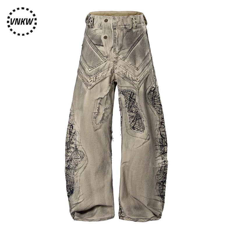 China-Chic Deconstruction Splicing Spray Dyeing Damaged Scimitar Workwear Jeans for Men and Women Heavy Weight Old Wasteland Wide Leg Pants
