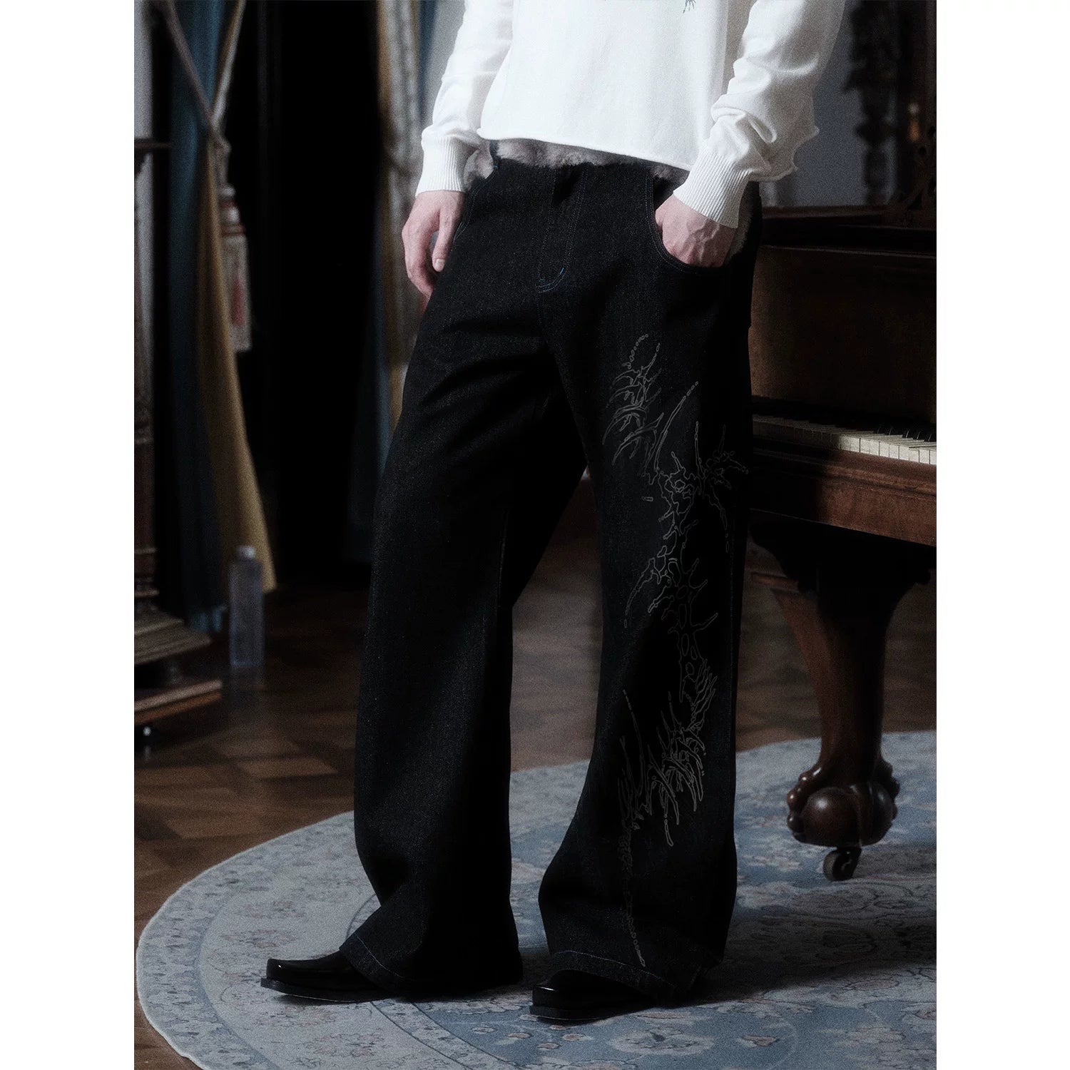 WANNA LAB Sword Bone Laser Burn Flower Baggy Original Cow Pants Bending Knife Waist Splicing Plush Ice Blue Stitching
