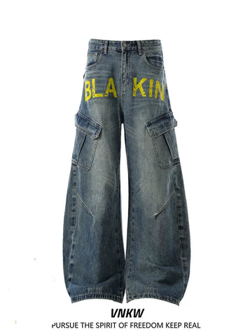 China-Chic American retro vintage wash wide leg jeans male baggy scimitar lovers casual micro la overalls
