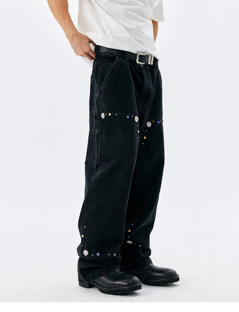 MEDM Gemstone Studded Double Knee Washed Jeans