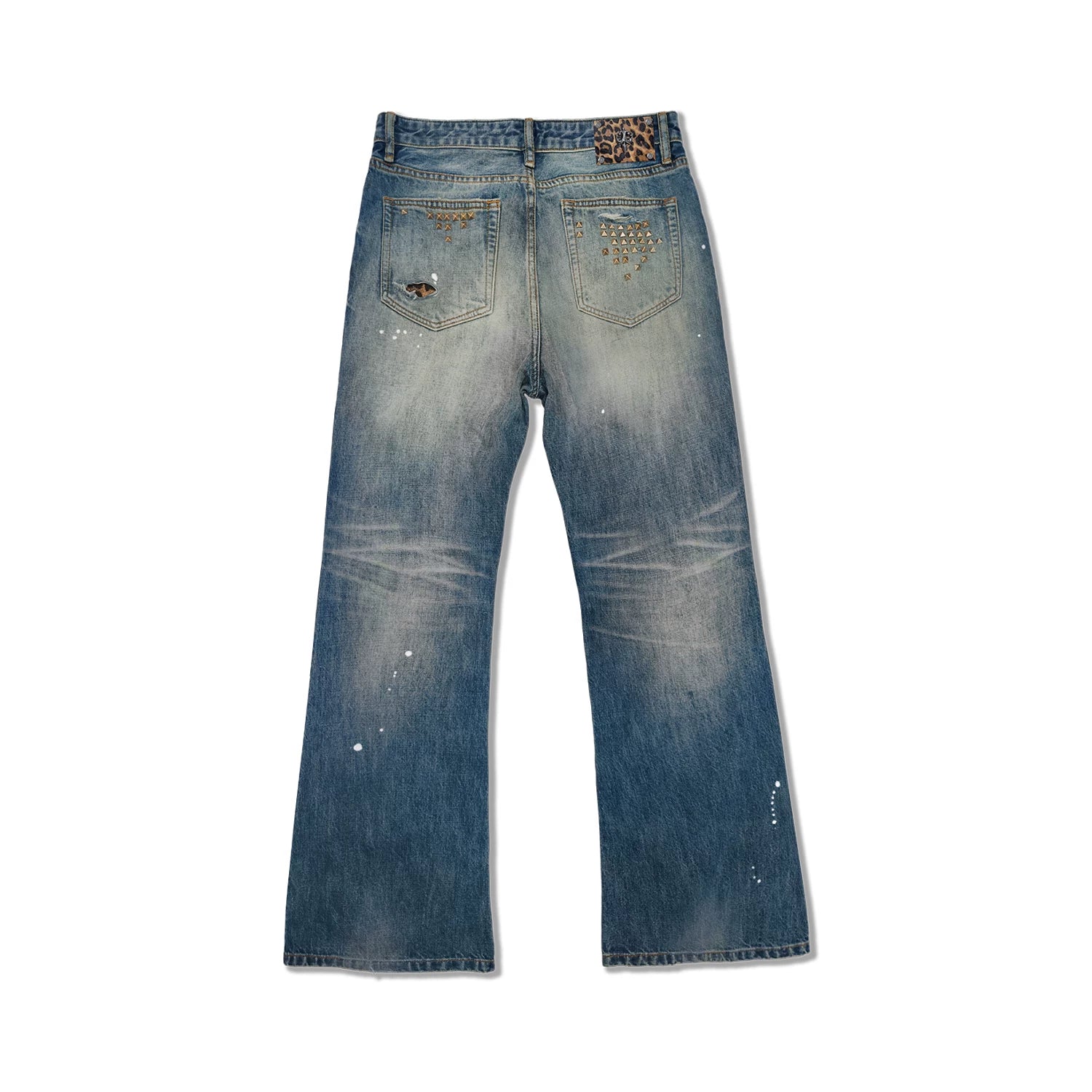 WANNA LAB 26SS Pierced Leopard Patch Cat Beard Bronze Square Rivet Splashed Ink Micro Pull Cowboy Pants
