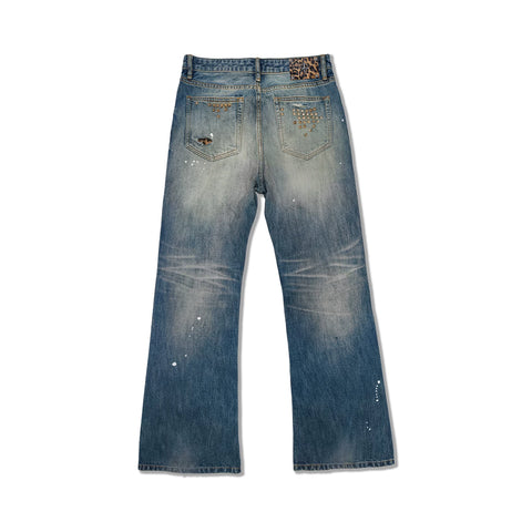 WANNA LAB 26SS Pierced Leopard Patch Cat Beard Bronze Square Rivet Splashed Ink Micro Pull Cowboy Pants