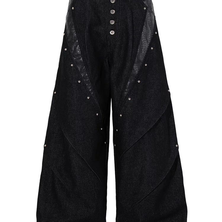 American retro rivet single breasted design workwear jeans for men, rugged and handsome high street, loose and wide leg, and long pants