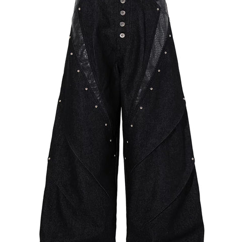 American retro rivet single breasted design workwear jeans for men, rugged and handsome high street, loose and wide leg, and long pants