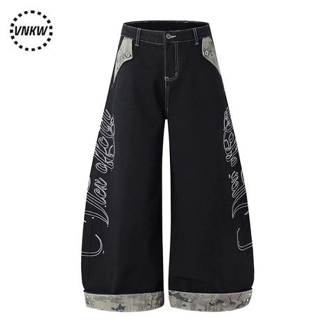 American retro letter embroidery patchwork camouflage contrasting curved knife jeans for men and women, loose wide leg original cow black pants
