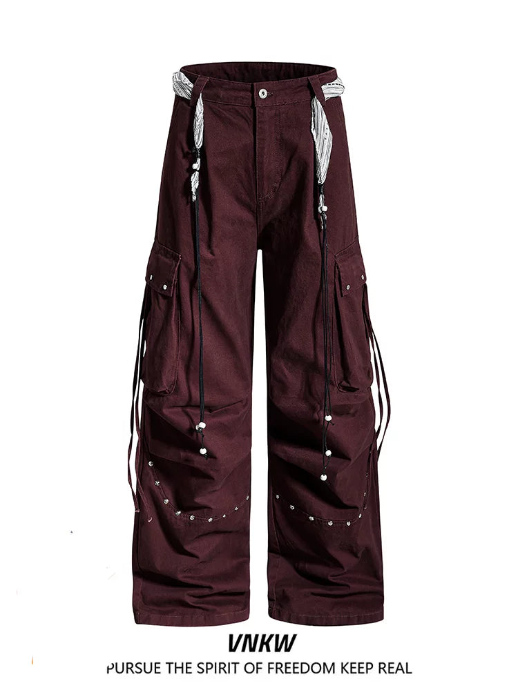 American functional style pleated rivet multi pocket wide leg work pants, loose straight leg hanging chain decoration, cool casual pants