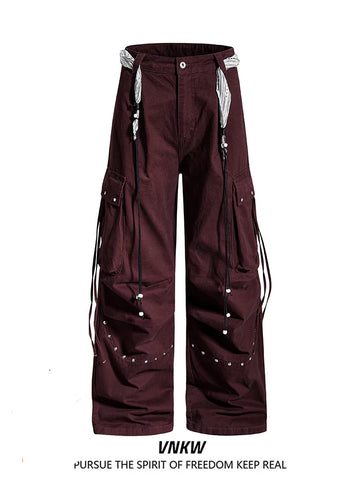 American functional style pleated rivet multi pocket wide leg work pants, loose straight leg hanging chain decoration, cool casual pants