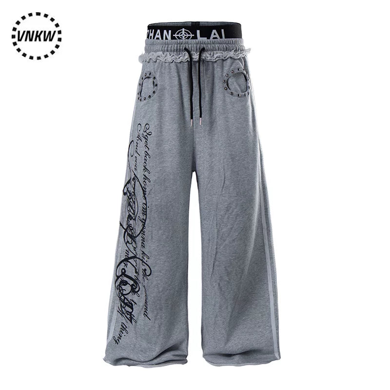American retro gothic style double waisted wide leg casual pants for men and women, trendy brand, cool and versatile baggy sports sweatpants