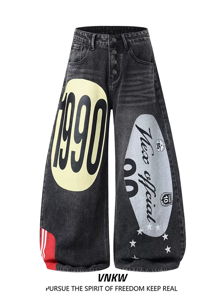 American high street hip-hop digital print splicing curved knife jeans for men and women, unisex style, loose and wide leg versatile pants