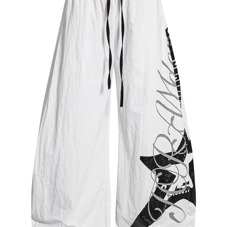 American letter printed pleated quick drying curved knife work pants for men and women in summer, thin, dancing, loose, wide leg paratroopers