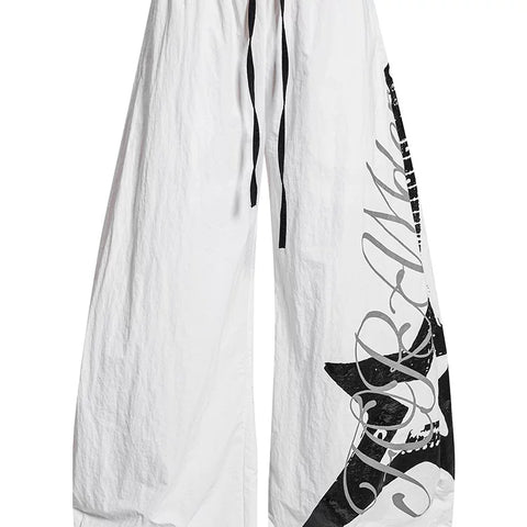 American letter printed pleated quick drying curved knife work pants for men and women in summer, thin, dancing, loose, wide leg paratroopers