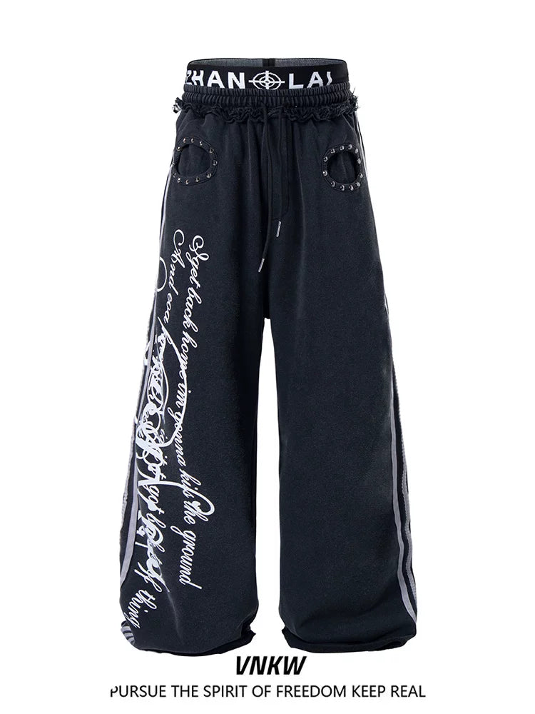 American retro gothic style double waisted wide leg casual pants for men and women, trendy brand, cool and versatile baggy sports sweatpants
