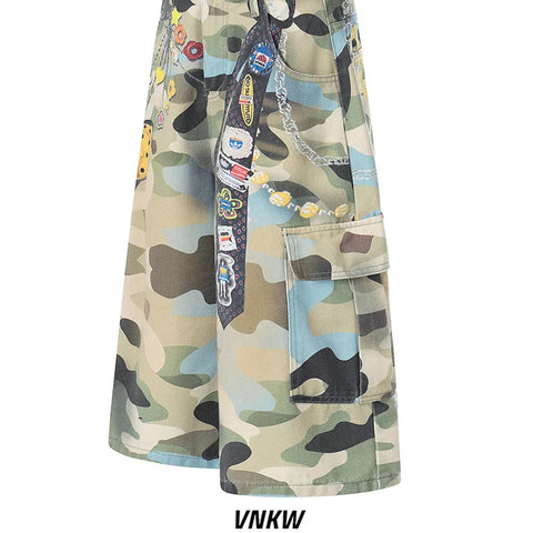 American retro camouflage pendant printed multi pocket straight leg cropped pants for men and women loose wide leg workwear casual shorts