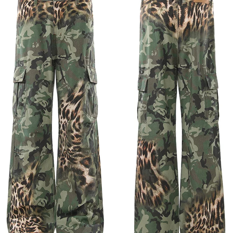 American retro leopard print patchwork camouflage straight leg work pants for men and women, loose and wide leg versatile, slimming and high-end pants