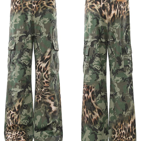 American retro leopard print patchwork camouflage straight leg work pants for men and women, loose and wide leg versatile, slimming and high-end pants