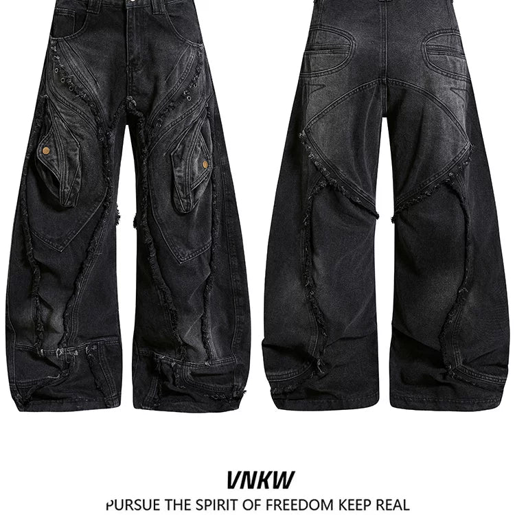 China-Chic Super Heavy Industries worn and deconstructed raw edge scimitar jeans men and women's waste earth style loose wide leg black gray trousers
