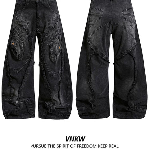 China-Chic Super Heavy Industries worn and deconstructed raw edge scimitar jeans men and women's waste earth style loose wide leg black gray trousers