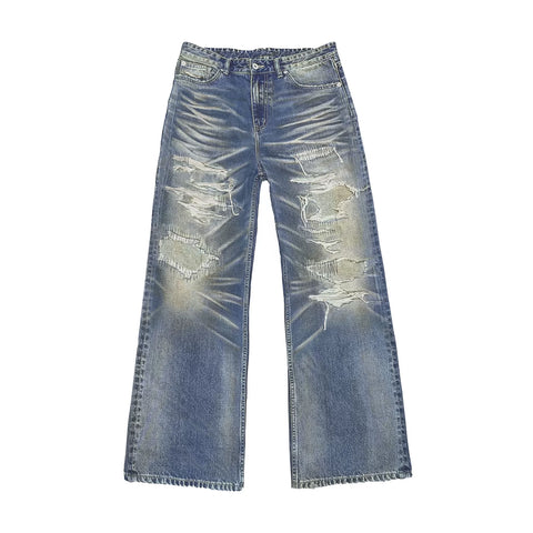 WANNA LAB Patches Chaotic Needles BORO Craftsmanship Unique Water Wash Destruction Make Old Straight Tube 3D Cat Beard Jeans