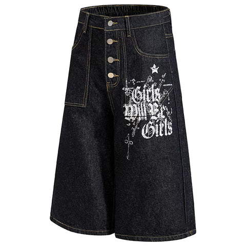 American retro original cow black single breasted design, denim cropped pants, men's and women's loose wide leg versatile and cool shorts