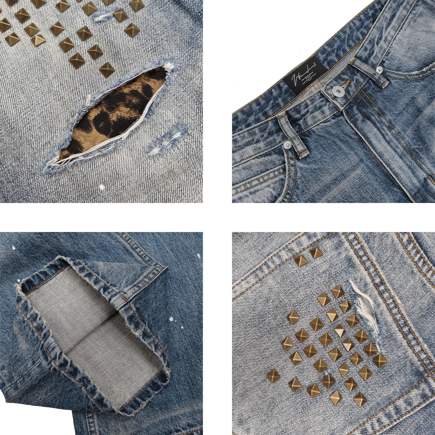 WANNA LAB 26SS Pierced Leopard Patch Cat Beard Bronze Square Rivet Splashed Ink Micro Pull Cowboy Pants
