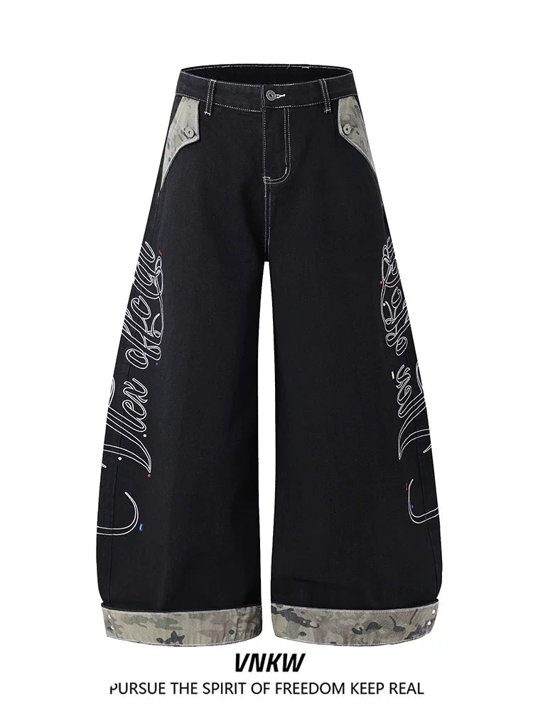 American retro letter embroidery patchwork camouflage contrasting curved knife jeans for men and women, loose wide leg original cow black pants