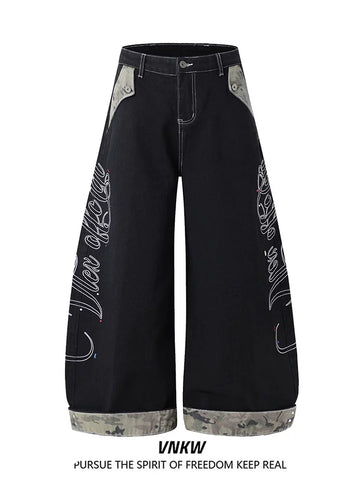 American retro letter embroidery patchwork camouflage contrasting curved knife jeans for men and women, loose wide leg original cow black pants