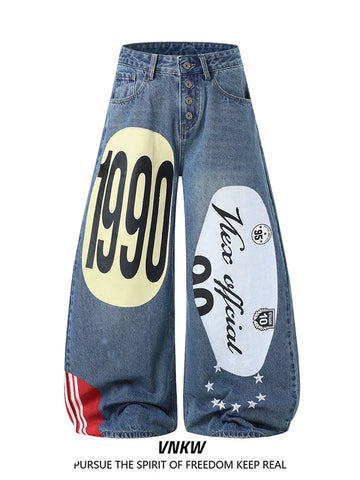 American high street hip-hop digital print splicing curved knife jeans for men and women, unisex style, loose and wide leg versatile pants
