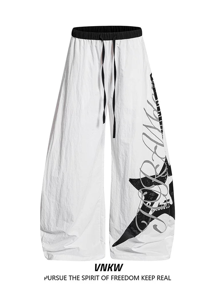 American letter printed pleated quick drying curved knife work pants for men and women in summer, thin, dancing, loose, wide leg paratroopers