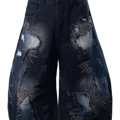 American heavyweight deconstruction tie dye embroidered denim cropped pants, men's and women's loose wide leg versatile unisex style curved knife shorts
