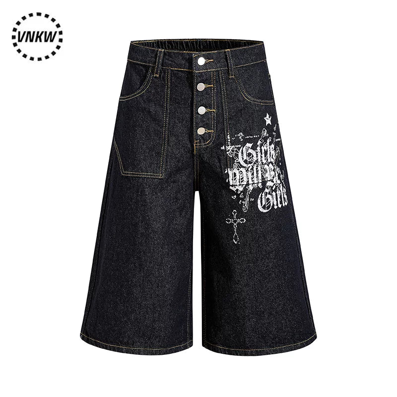 American retro original cow black single breasted design, denim cropped pants, men's and women's loose wide leg versatile and cool shorts