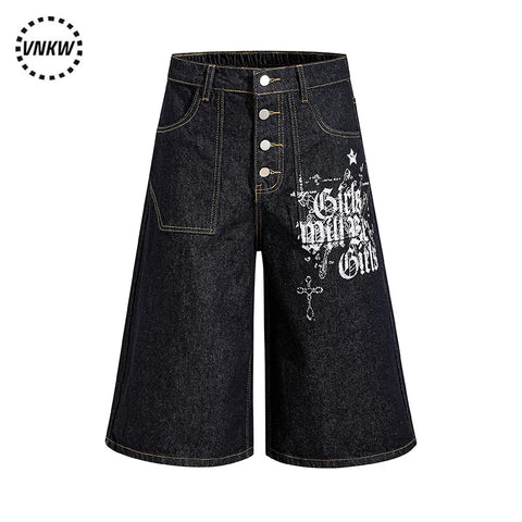 American retro original cow black single breasted design, denim cropped pants, men's and women's loose wide leg versatile and cool shorts