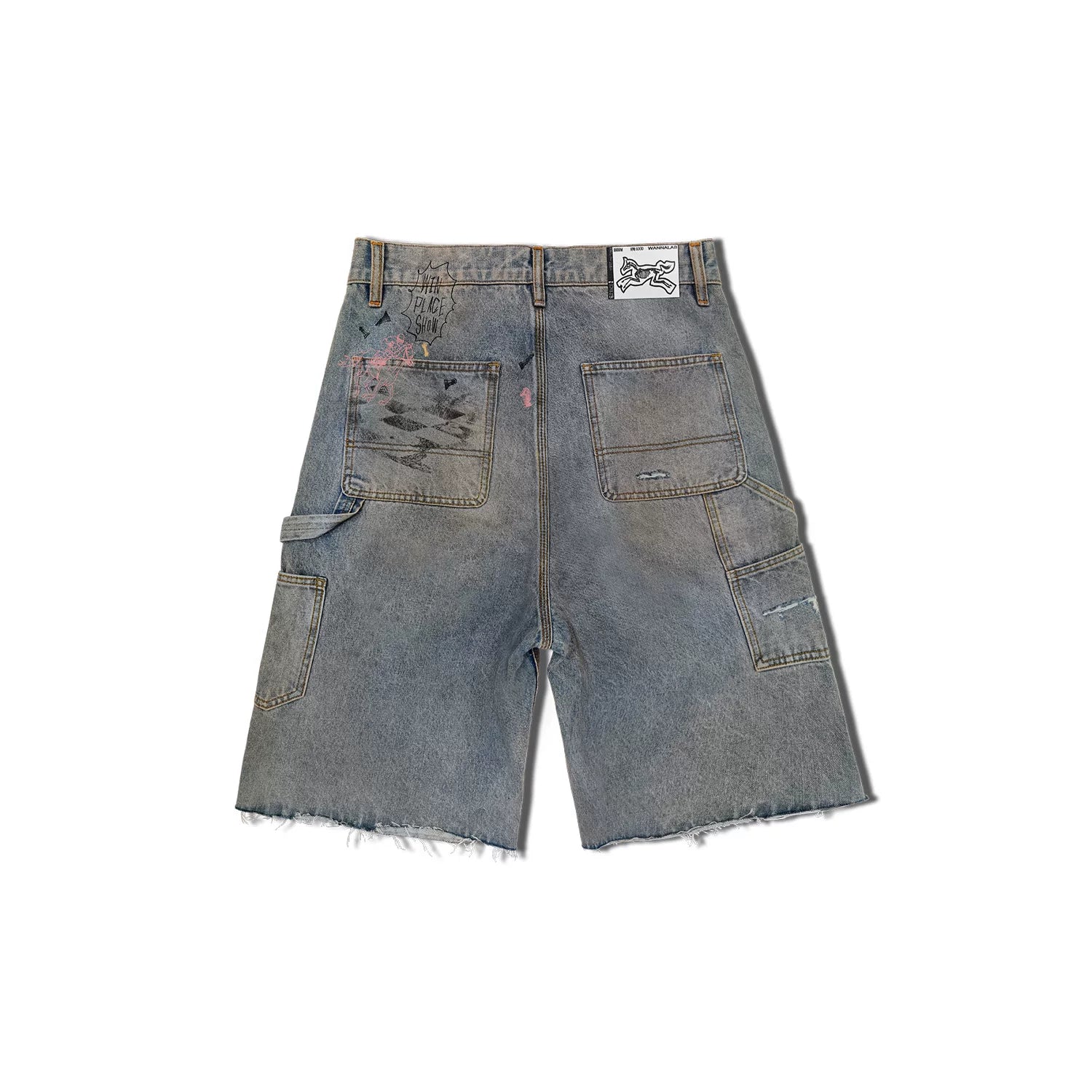 WANNA LAB 26SS horse racing hand drawn graffiti dirty dye logging rough edges denim seven quarter shorts