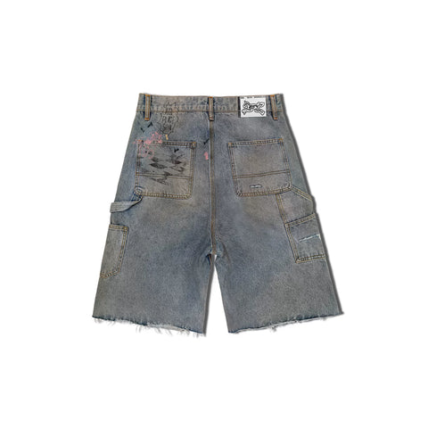WANNA LAB 26SS horse racing hand drawn graffiti dirty dye logging rough edges denim seven quarter shorts