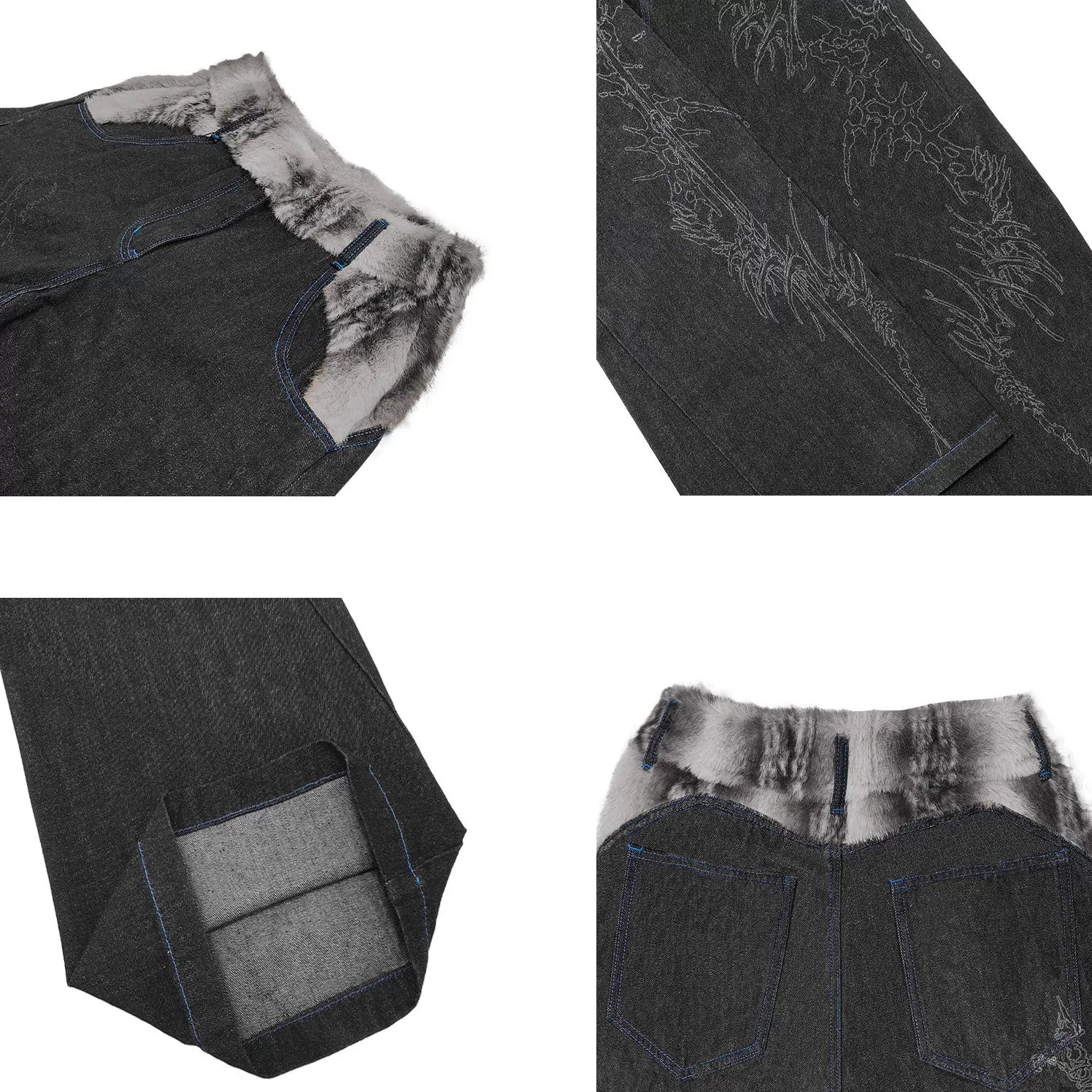WANNA LAB Sword Bone Laser Burn Flower Baggy Original Cow Pants Bending Knife Waist Splicing Plush Ice Blue Stitching