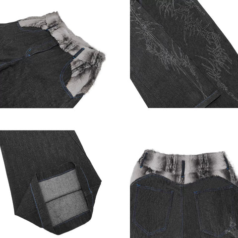 WANNA LAB Sword Bone Laser Burn Flower Baggy Original Cow Pants Bending Knife Waist Splicing Plush Ice Blue Stitching