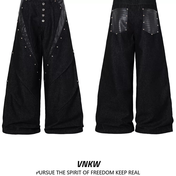 American retro rivet single breasted design workwear jeans for men, rugged and handsome high street, loose and wide leg, and long pants