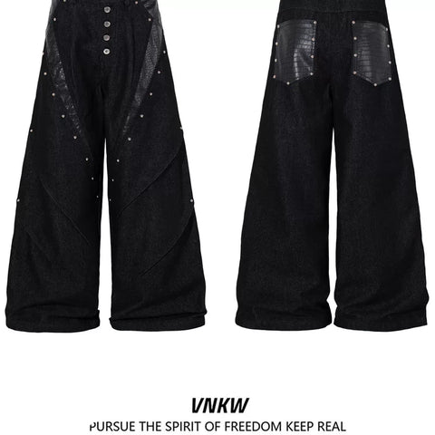 American retro rivet single breasted design workwear jeans for men, rugged and handsome high street, loose and wide leg, and long pants