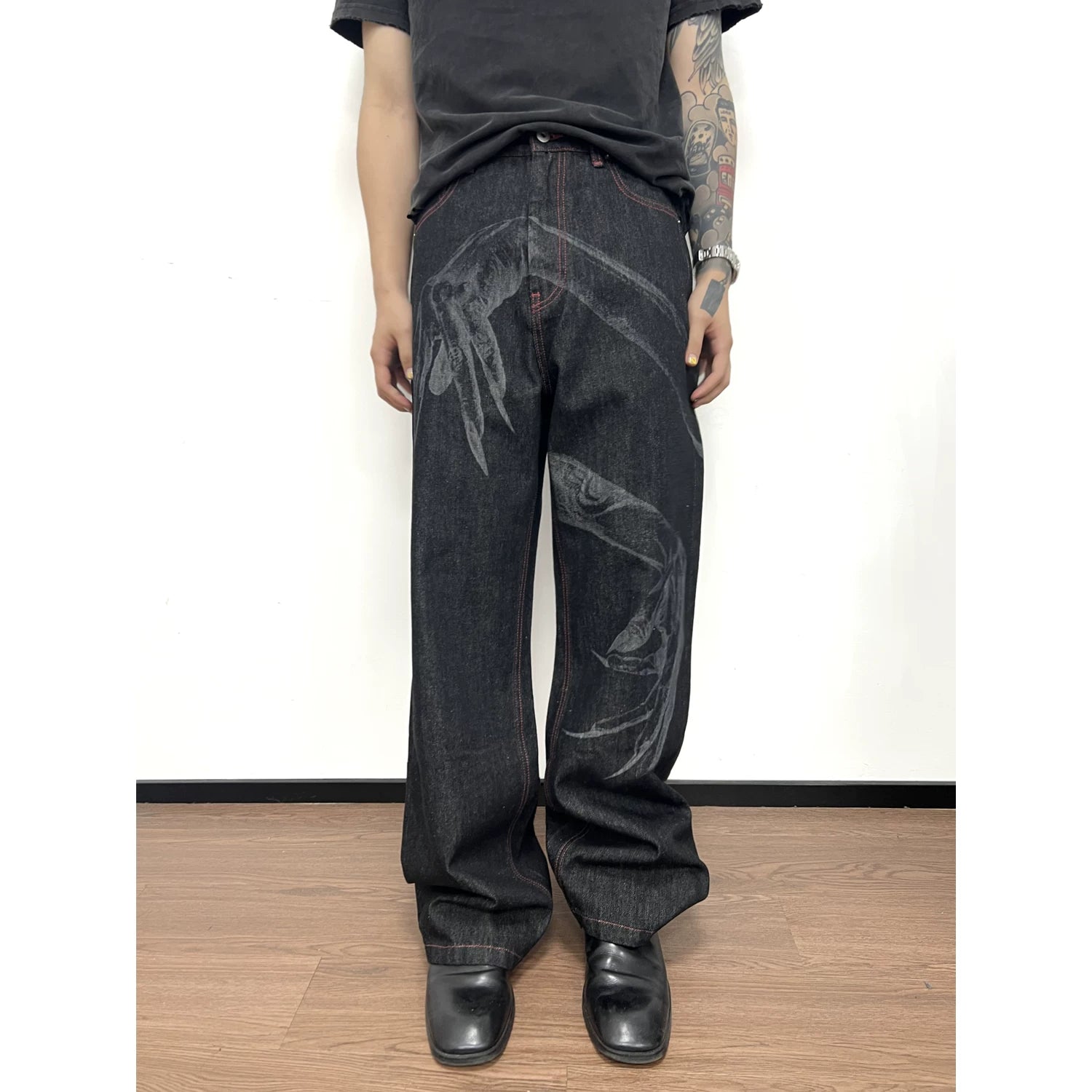 WANNA LAB Ghost Hand Laser Burnt Straight Tube Wide Matsubara Cowboy Pants Six or Seven Minutes Short Half Hairy Leather Brand