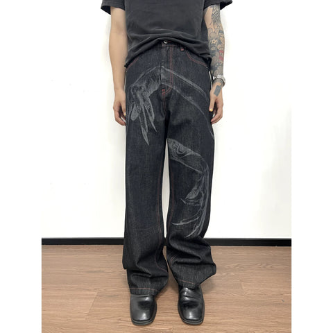 WANNA LAB Ghost Hand Laser Burnt Straight Tube Wide Matsubara Cowboy Pants Six or Seven Minutes Short Half Hairy Leather Brand
