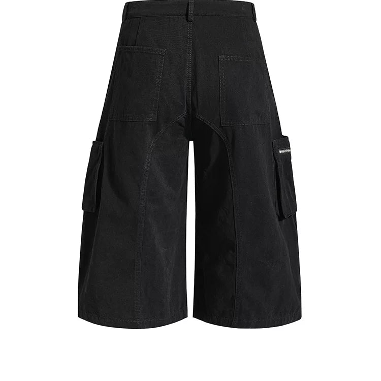American retro light Asian multi pocket drawstring strap deconstruction workwear cropped pants for men and women loose wide leg versatile shorts