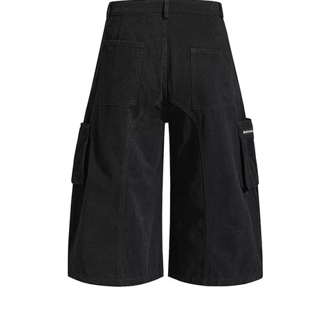 American retro light Asian multi pocket drawstring strap deconstruction workwear cropped pants for men and women loose wide leg versatile shorts