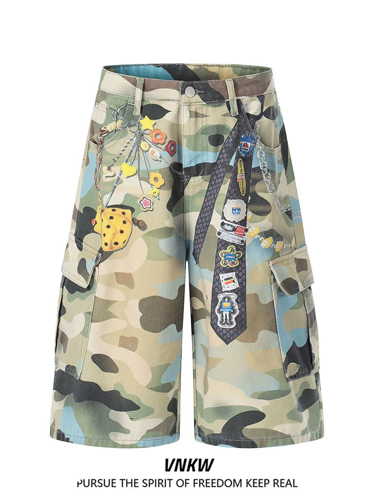 American retro camouflage pendant printed multi pocket straight leg cropped pants for men and women loose wide leg workwear casual shorts