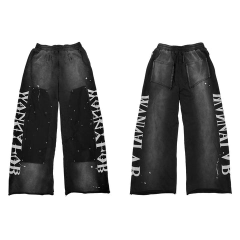 WANNA LAB Double Knee Rivet Printed Water Washed Lumber Curled Edges for Aging, Splashed Ink Straight Tube Casual Loose Long Pants