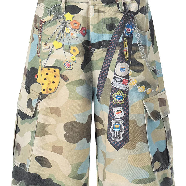 American retro camouflage pendant printed multi pocket straight leg cropped pants for men and women loose wide leg workwear casual shorts