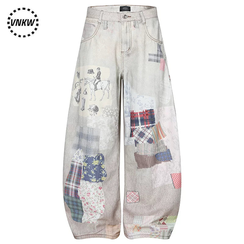 American retro 3D fun graffiti printed jeans for men and women, loose and wide legged, versatile for street wear, casual curved knife pants