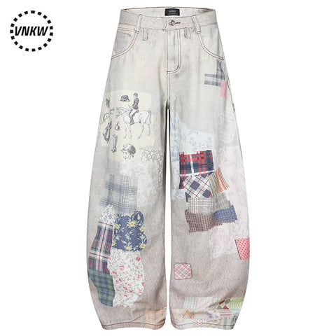 American retro 3D fun graffiti printed jeans for men and women, loose and wide legged, versatile for street wear, casual curved knife pants