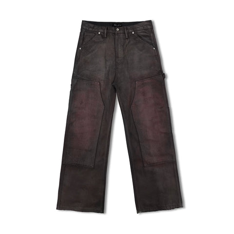 WANNA LAB 26SS Hand Brushed Wax Printing Crimson Coating Baggy Version Double Knee Lumbering Method Workwear Pants
